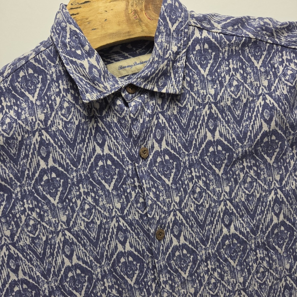 Tommy Bahama Shirt Mens Large Blue White Silk Button Geometric Camp Hawaiian A5